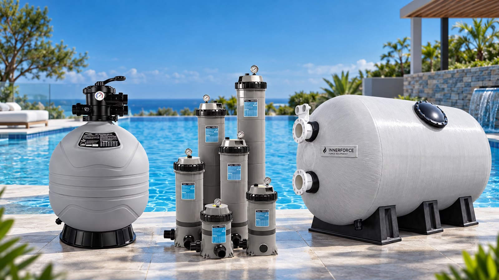 Filtros para piscina de arena, cartucho y uso comercial