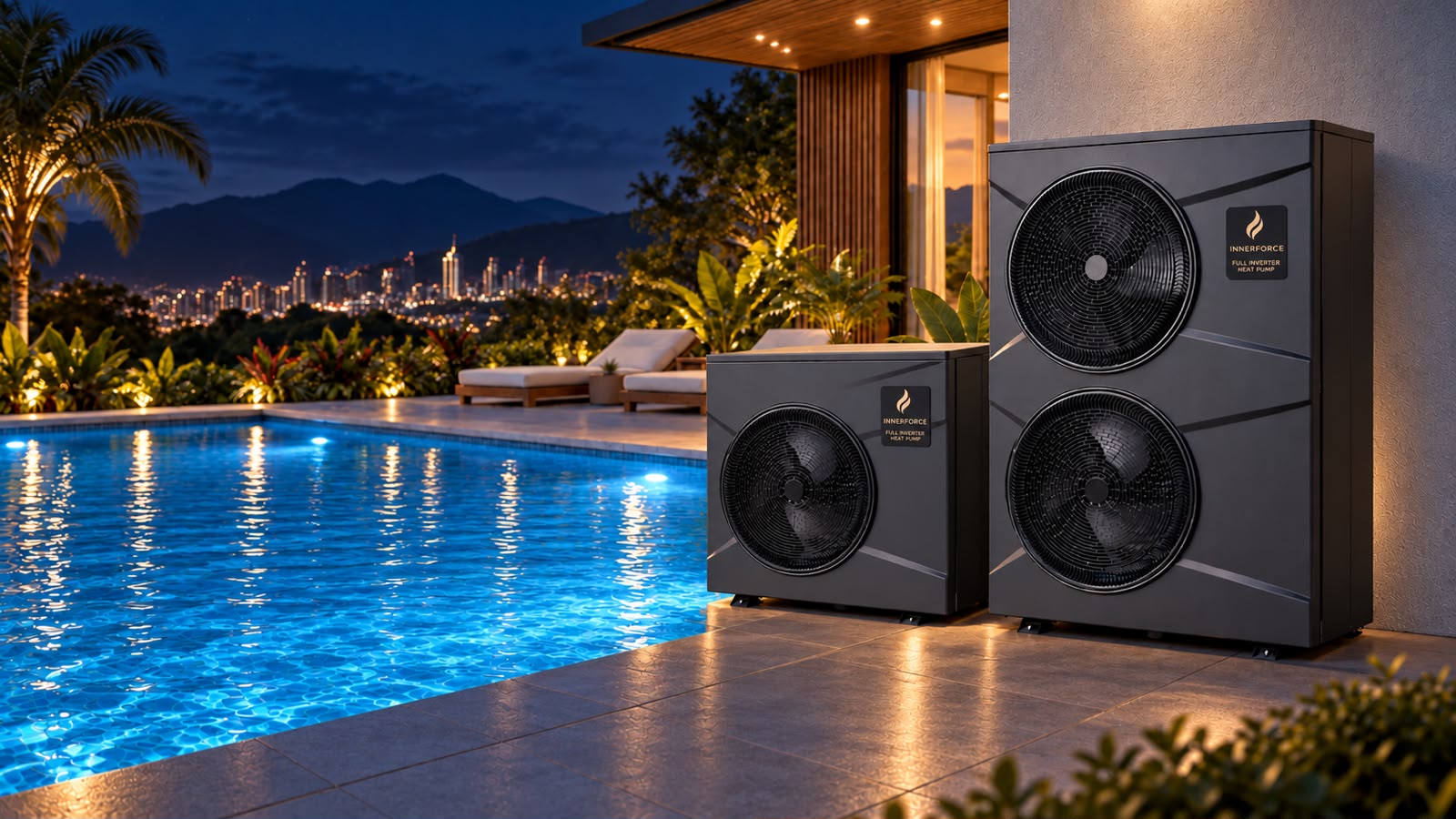 Bombas de calor Full Inverter Innerforce junto a una piscina climatizada